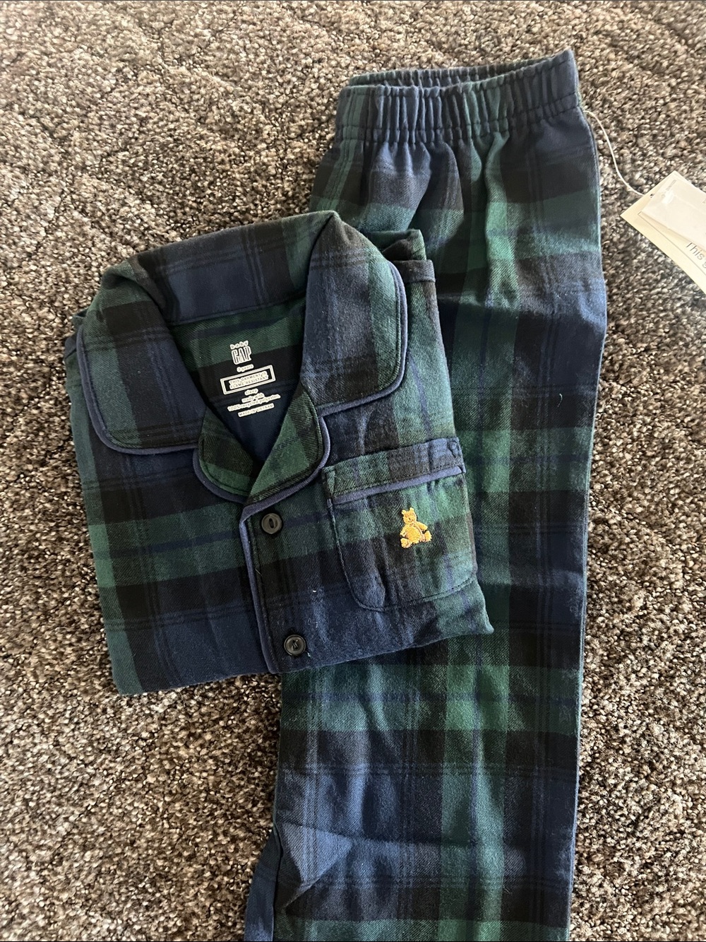 GAP Navy and Green Plaid Flannel Pajama Set with Bear Patch